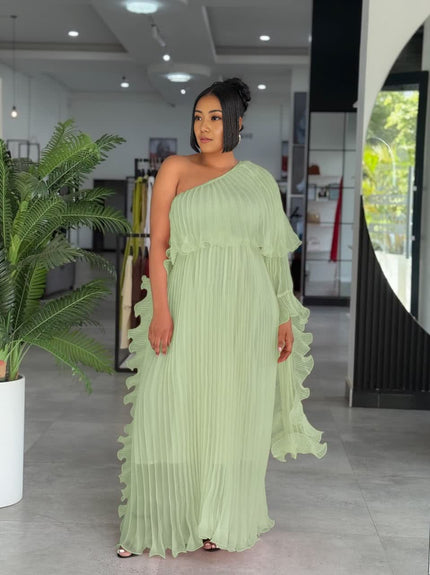 Light green one-shoulder pleated maxi dress with ruffled flounce sleeve