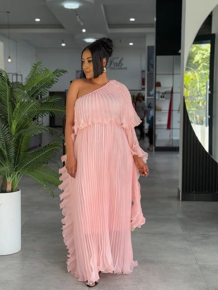 Pink one-shoulder pleated maxi dress with ruffled flounce sleeve detail