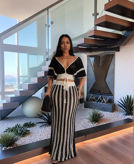 Striped Knit Two-Piece Set with Tie-Front Crop Top and High-Waisted Maxi Skirt