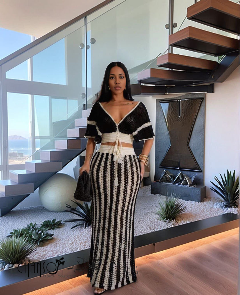 Black crochet twin set maxi skirt with drawstring crop top