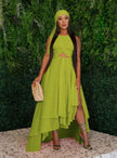 Yellow-green sleeveless layered high-low hem dress with tiered skirt