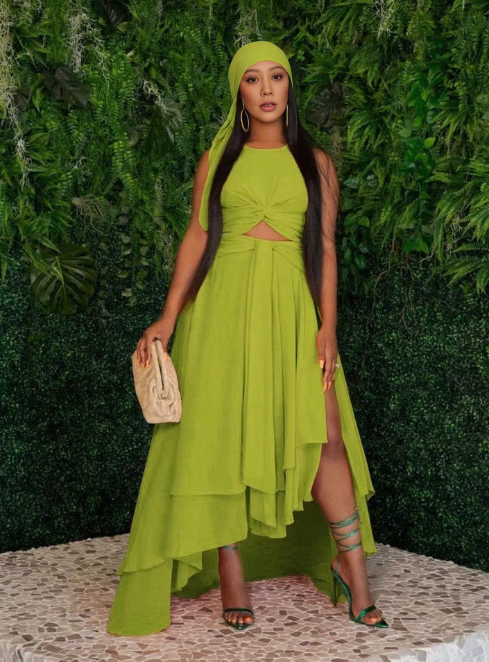 Yellow-green sleeveless layered high-low hem dress with tiered skirt