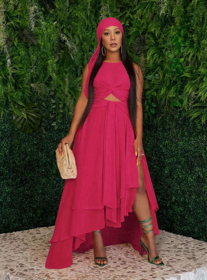 Hot-pink sleeveless layered high-low hem dress with tiered skirt