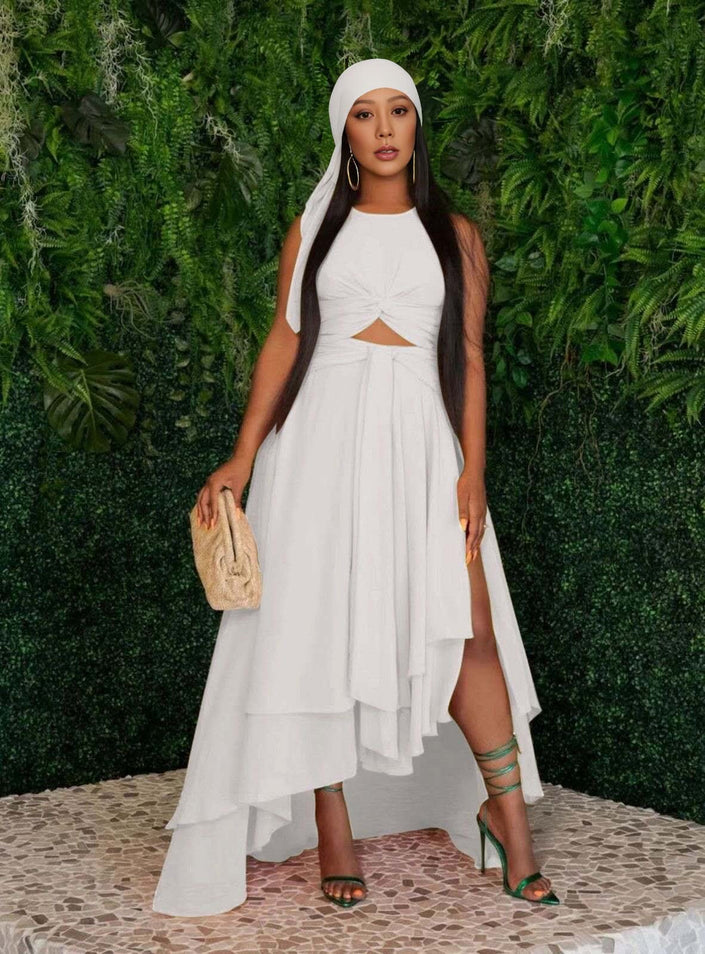 White sleeveless layered high-low hem dress with tiered skirt