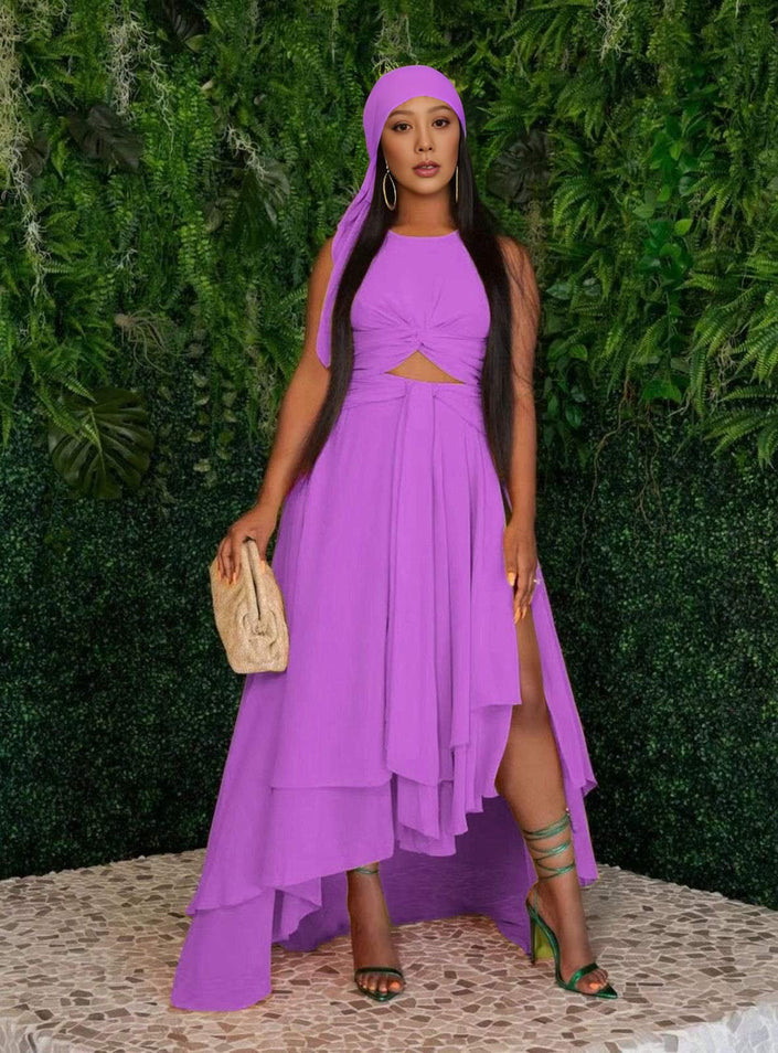 Purple sleeveless layered high-low hem dress with tiered skirt