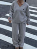 Grey V-neck top and wide-leg pants set with small chest embroidery