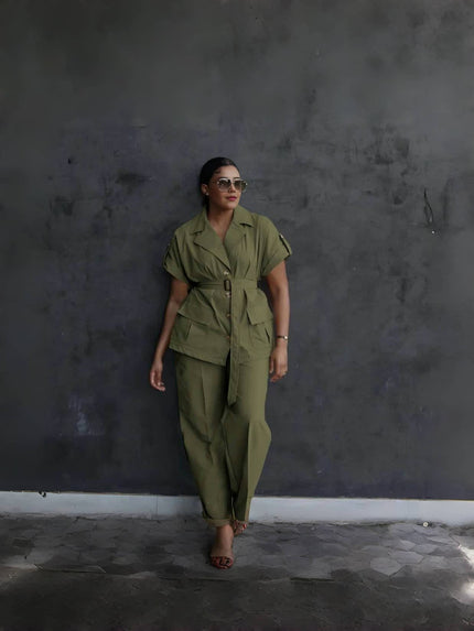 Dark-olive belted lapel pantsuit with utility pockets and matching trousers