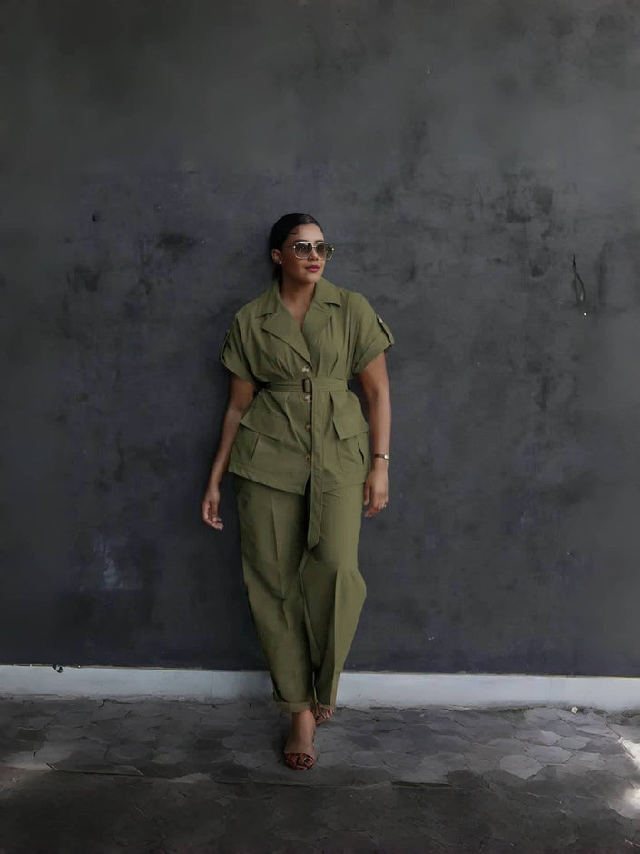 Dark-olive belted lapel pantsuit with utility pockets and matching trousers