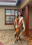Plus size geometric batwing midi dress with orange and light panels, long batwing sleeves