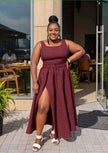 Sleeveless maroon maxi dress with tribal print, gathered waist and side slit