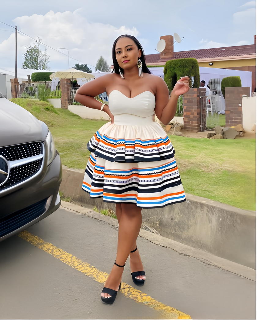 Sweetheart Neckline Strapless Dress with Horizontal Stripe Flare Skirt