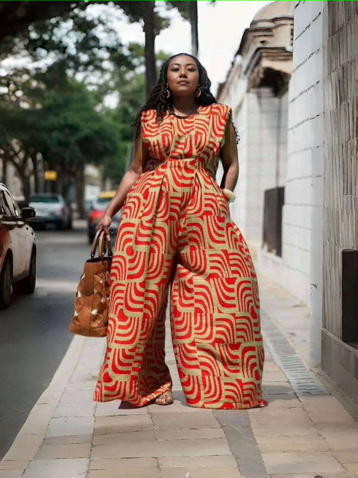 Geometric jumpsuit, red-and-white wide-leg with sleeveless bodice