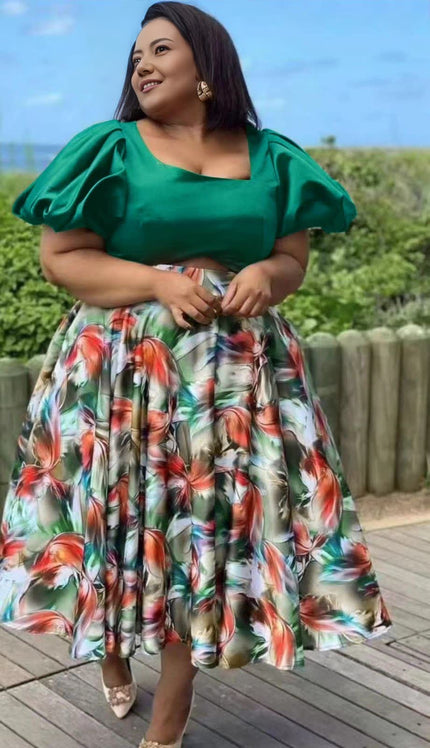 Green puff-sleeve top and colorful floral skirt twin set, short puff sleeves, knee-length