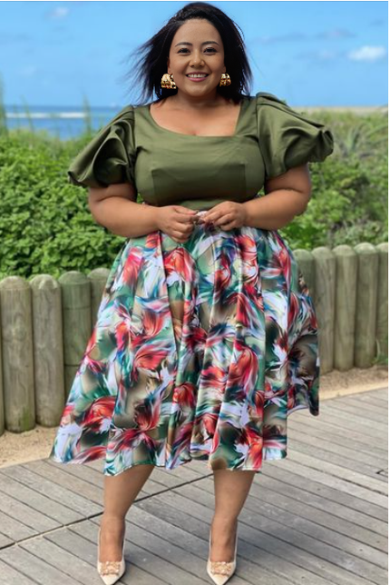 Olive puff-sleeve top and floral skirt twin set, short puff sleeves, knee-length