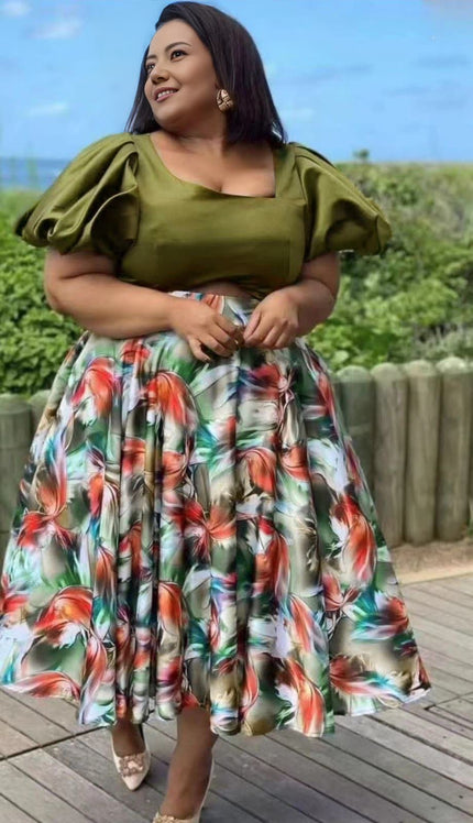 Dark olive-green puff-sleeve top and floral skirt twin set, short puff sleeves, knee-length
