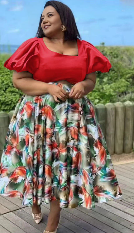 Red puff-sleeve top and colorful floral skirt twin set, short puff sleeves, knee-length