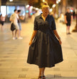 Black collared shirt midi dress with tie waist, short sleeves, button front