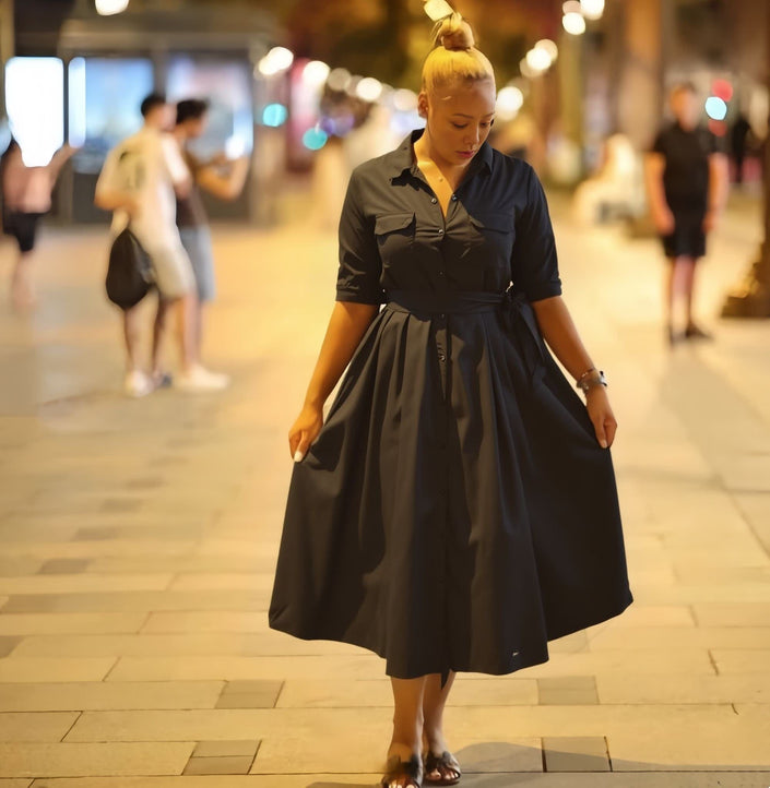 Black collared shirt midi dress with tie waist, short sleeves, button front