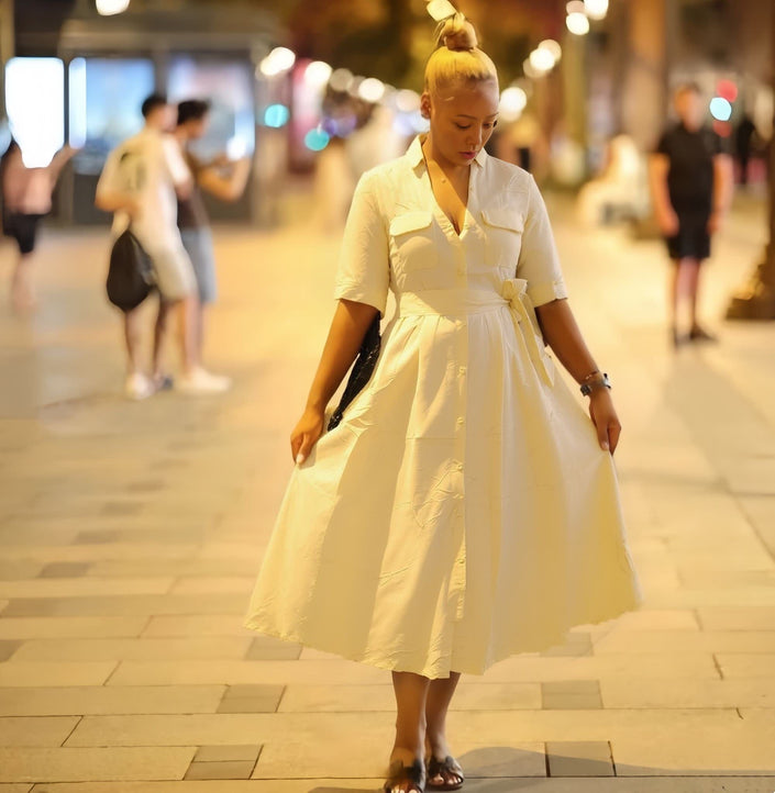 Cream collared shirt midi dress with tie waist, short sleeves, button front
