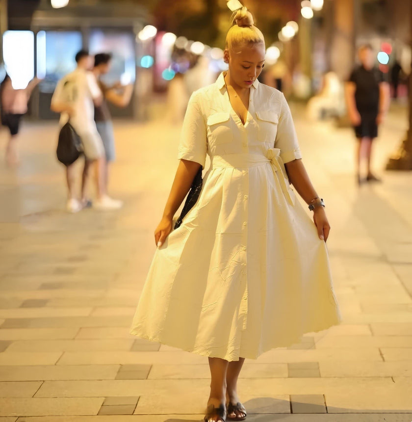 Cream collared shirt midi dress with tie waist, short sleeves, button front
