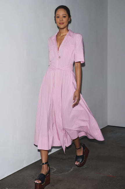 Pink collared shirt midi dress with tie waist, short sleeves, button front