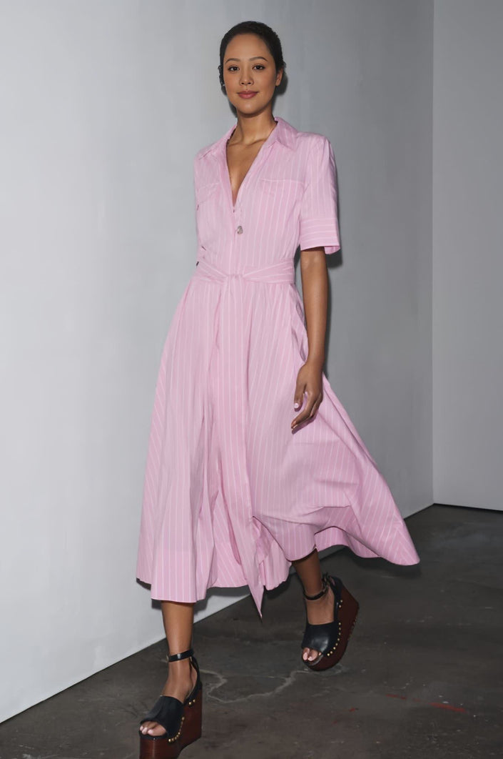 Pink collared shirt midi dress with tie waist, short sleeves, button front