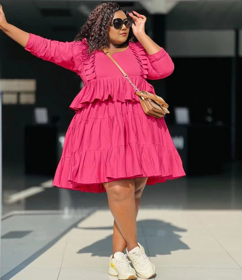 Tiered ruffle mini dress, hot-pink long sleeves with gathered tiered skirt