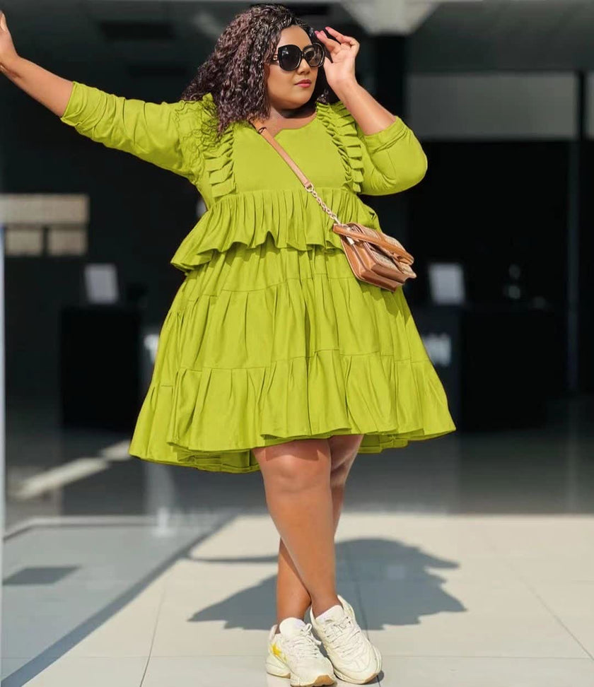 Tiered ruffle mini dress, lime green long sleeves with gathered tiered skirt