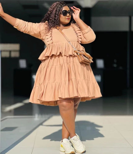 Tiered ruffle mini dress, peach long sleeves with gathered tiered skirt