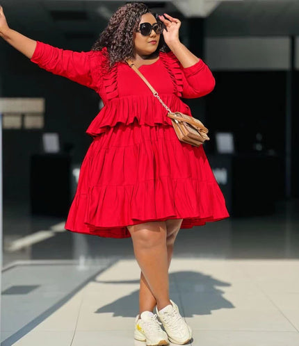 Tiered ruffle mini dress, red long sleeves with layered gathered tiered skirt