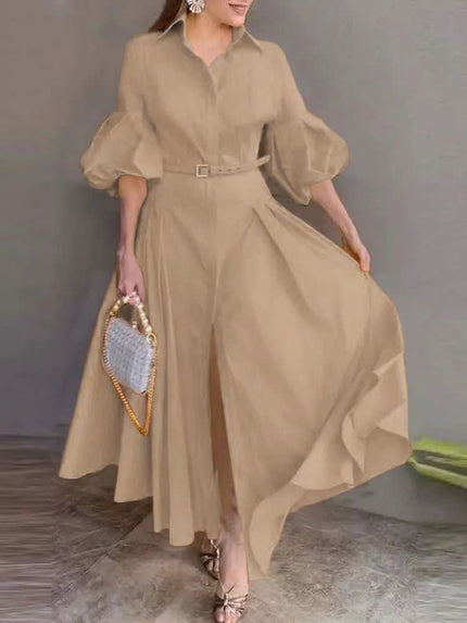Khaki belted maxi dress with puff sleeves and a V-neck, full skirt