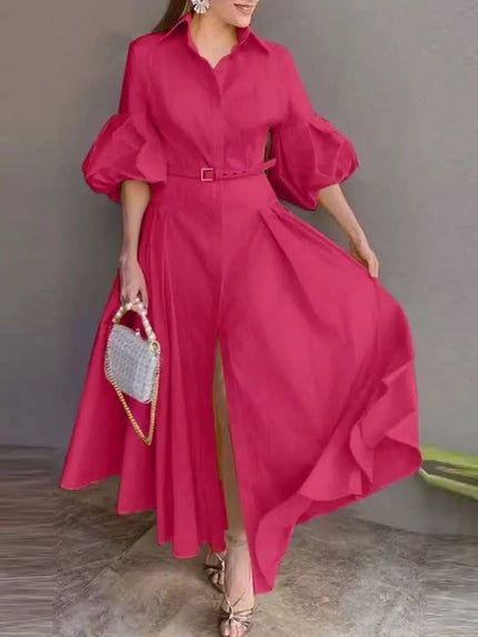 Deep-pink belted maxi dress with puff sleeves and a V-neck, full skirt