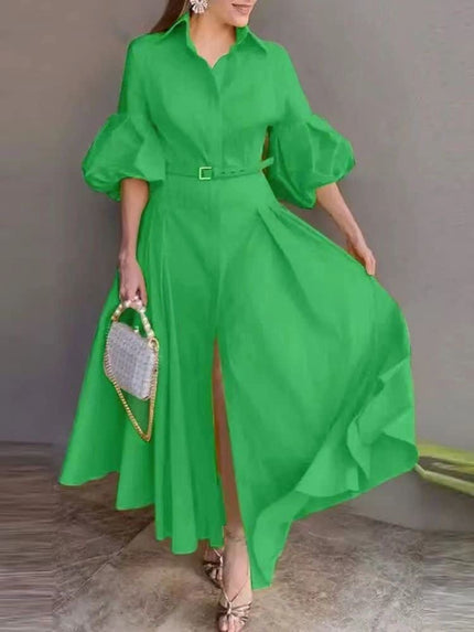 Lime-green belted maxi dress with puff sleeves and a V-neck, full skirt