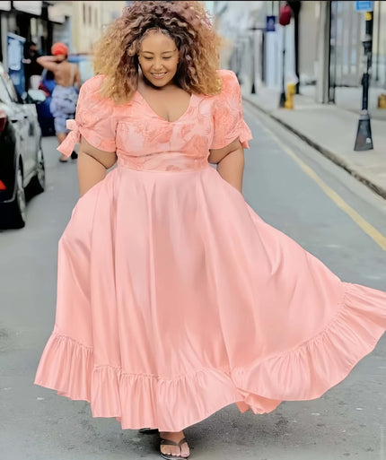 Light-pink puff-sleeve midi dress with ruffle hem and gathered skirt
