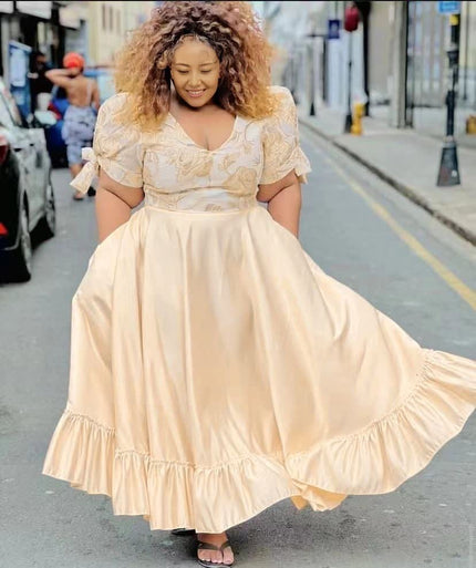 Cream puff-sleeve midi dress with ruffle hem and gathered skirt