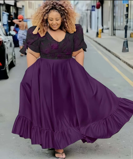 Purple puff-sleeve midi dress with ruffle hem and gathered skirt
