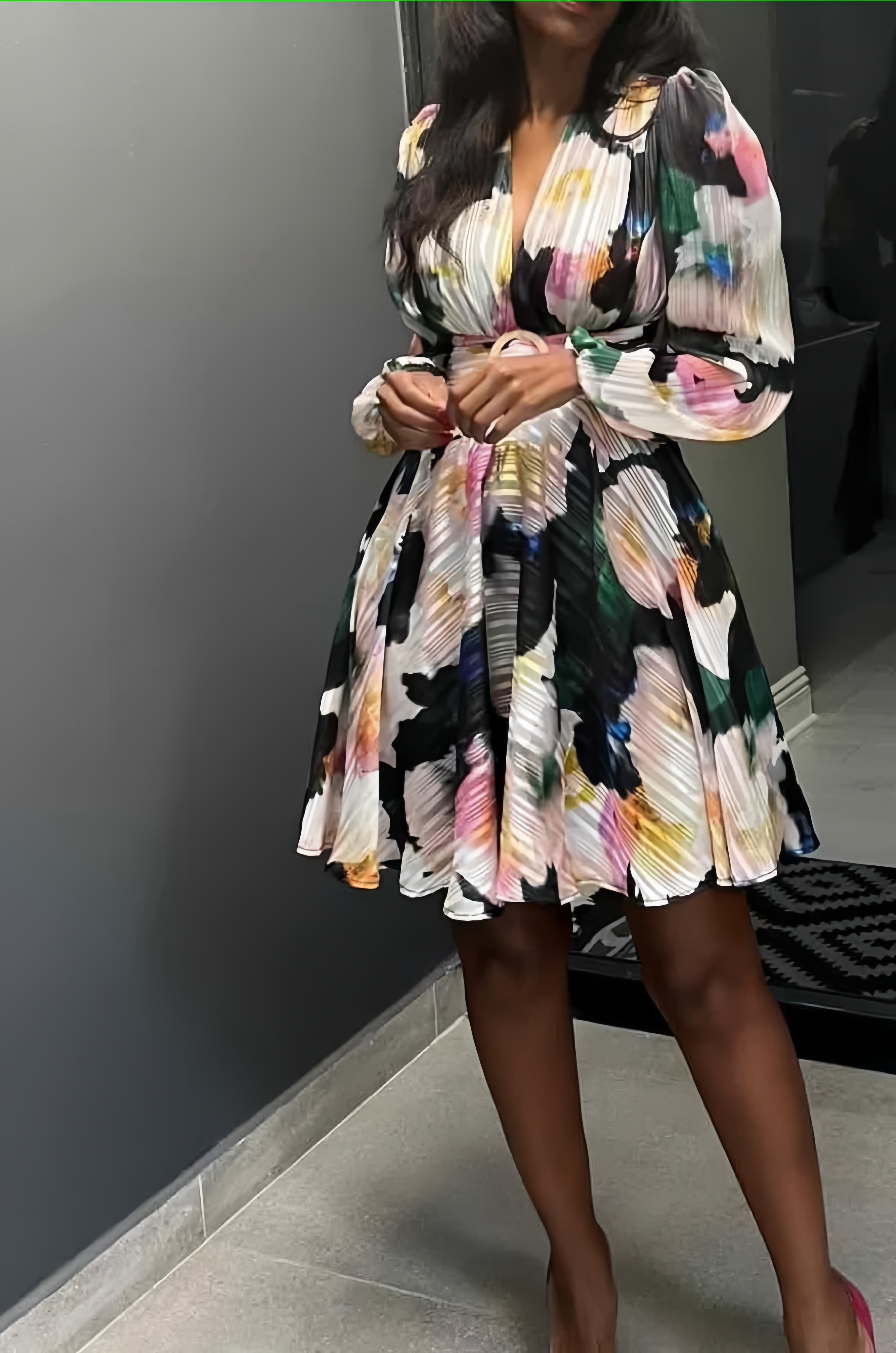 Abstract Print Flared Skirt Dress with Long Sleeves