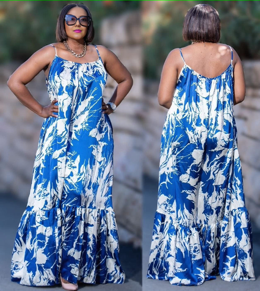 Maxi sleeveless dress in blue and white abstract print, spaghetti straps, tiered skirt