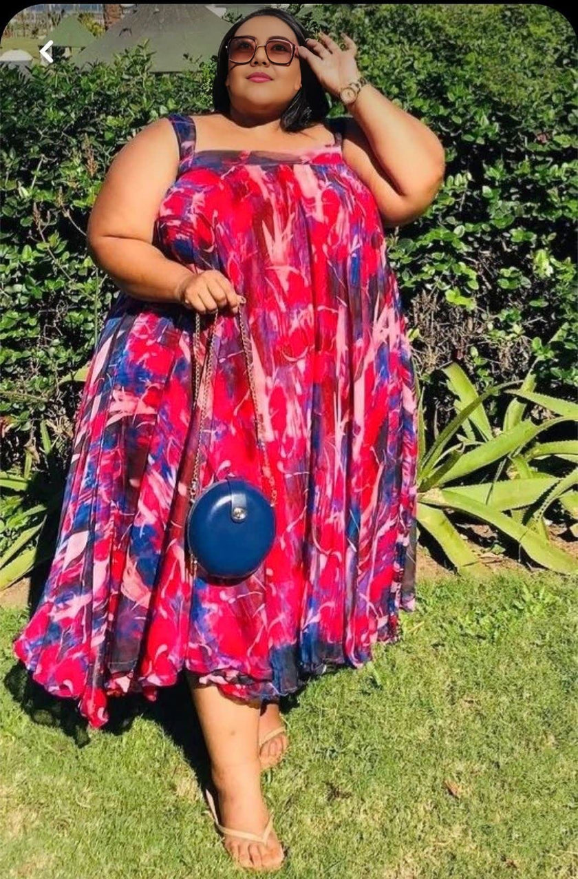 Plus size abstract midi dress with wide straps, red and blue watercolor print