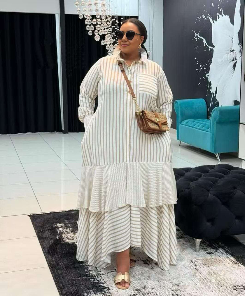 Plus size striped maxi dress with tiered hem, button-front bodice, light vertical stripes