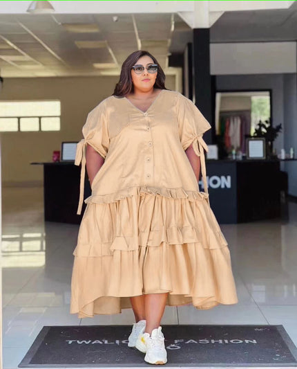 Plus size tiered ruffle midi dress, button front, V-neck, nude beige