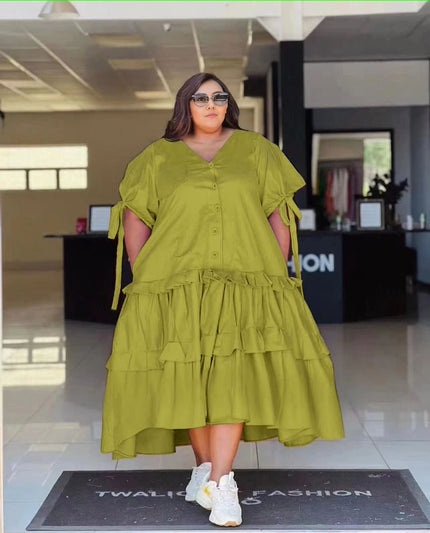 Plus size tiered ruffle midi dress, button front, V-neck, green-yellow