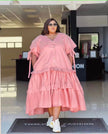 Plus size tiered ruffle midi dress in pink, button front, tie-sleeve detail