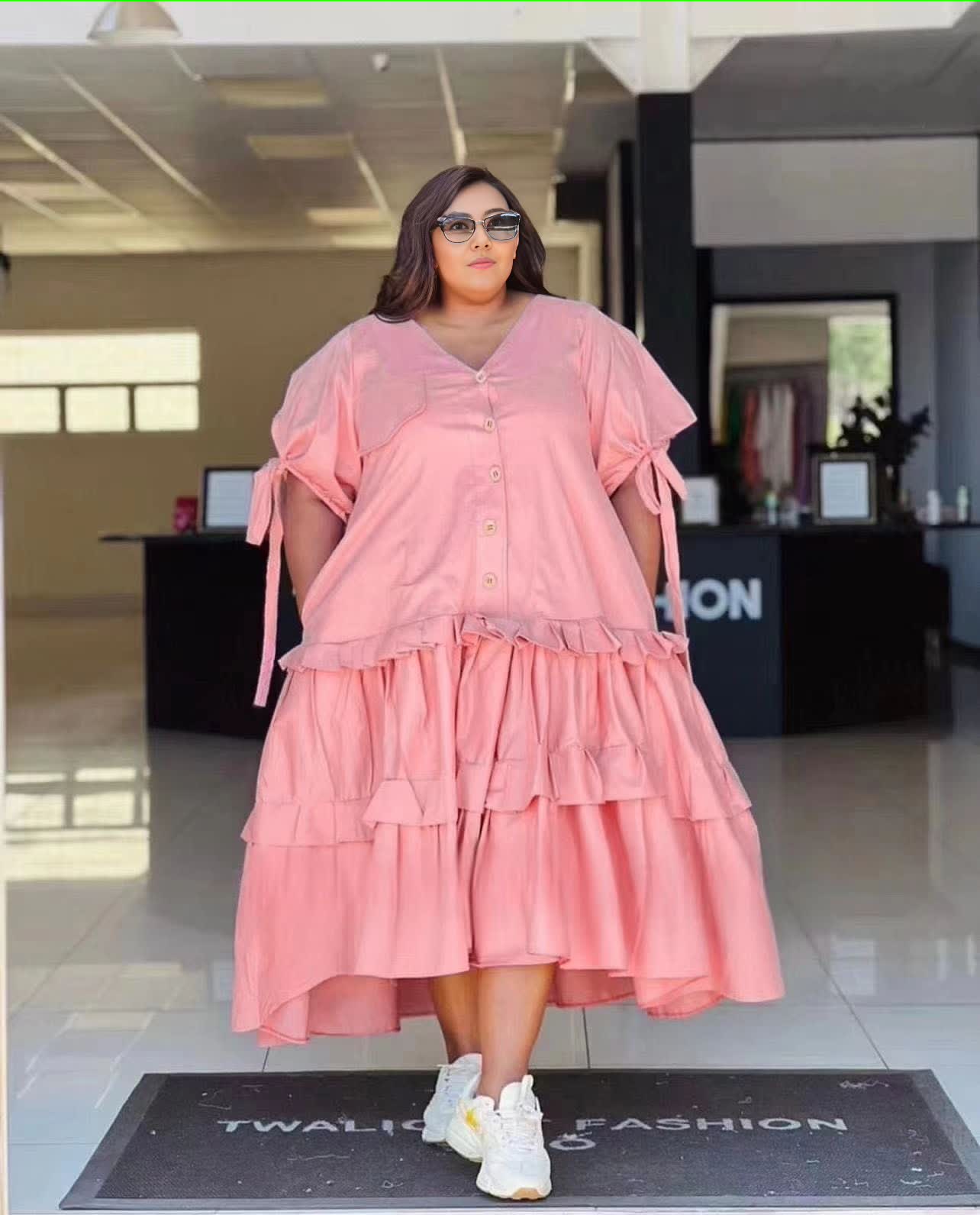 Plus size tiered ruffle midi dress in pink, button front, tie-sleeve detail