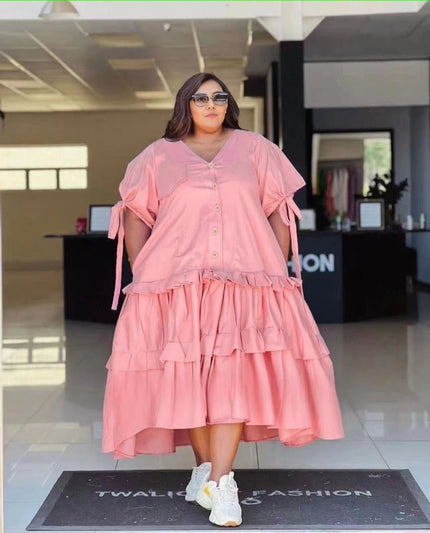 Plus size tiered ruffle midi dress, button front, V-neck, dusty pink