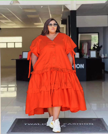 Plus size tiered ruffle midi dress, button front, V-neck, bright orange-red