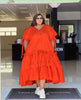 Plus size tiered ruffle midi dress in orange, button front, tie-sleeve detail