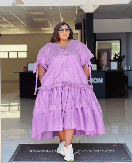 Plus size tiered ruffle midi dress, button front, V-neck, light purple