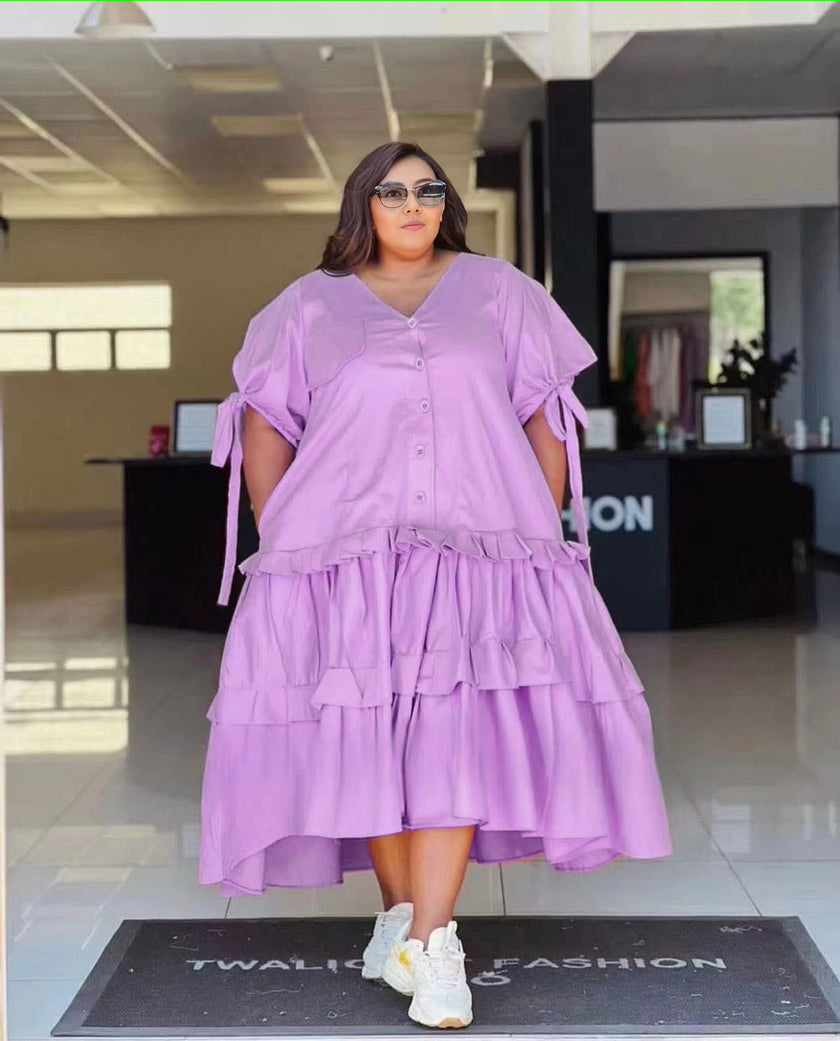 Plus size tiered ruffle midi dress in purple, button front, tie-sleeve detail