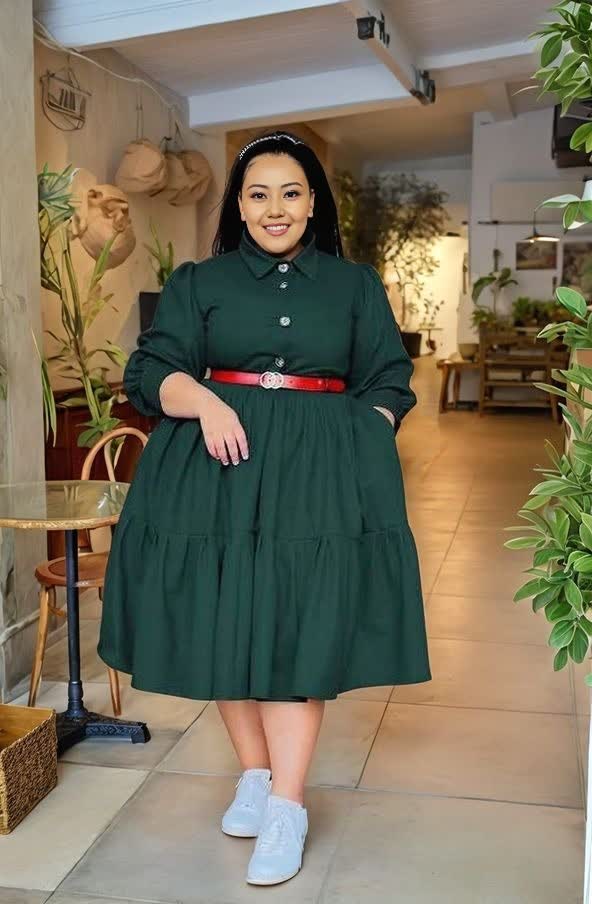 Plus size tiered midi dress, dark green with button front and wide belt
